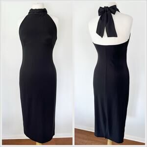 Vintage 90s Black Slinky Halter Midi Bodycon Dress Neck Scarf // Size Medium